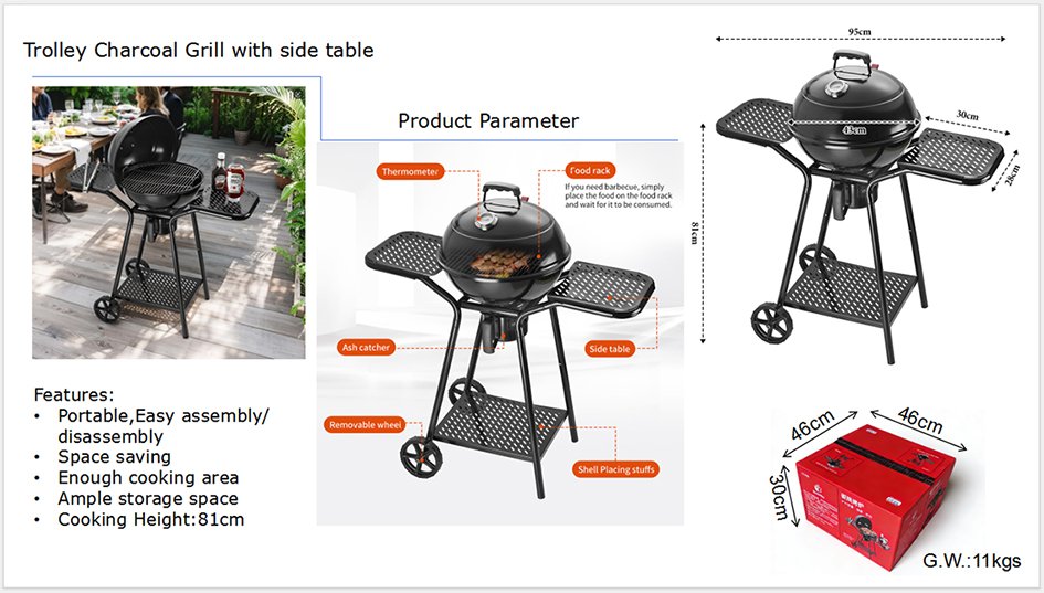 18-Inch Round Trolley Charcoal BBQ Grill - Portable Kettle Smoker with Foldable Side Tables