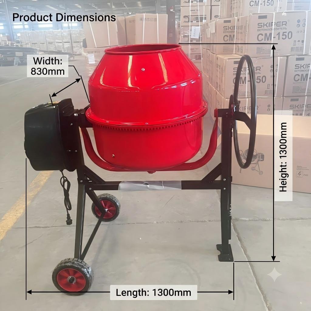 Electric concrete mixer with dimensions 1300mm x 830mm x 1300mm