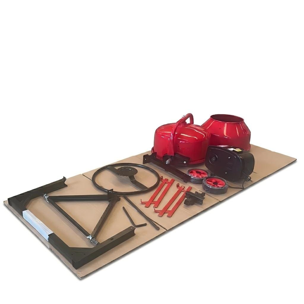 portable red electric concrete mixer on a cardboard mat